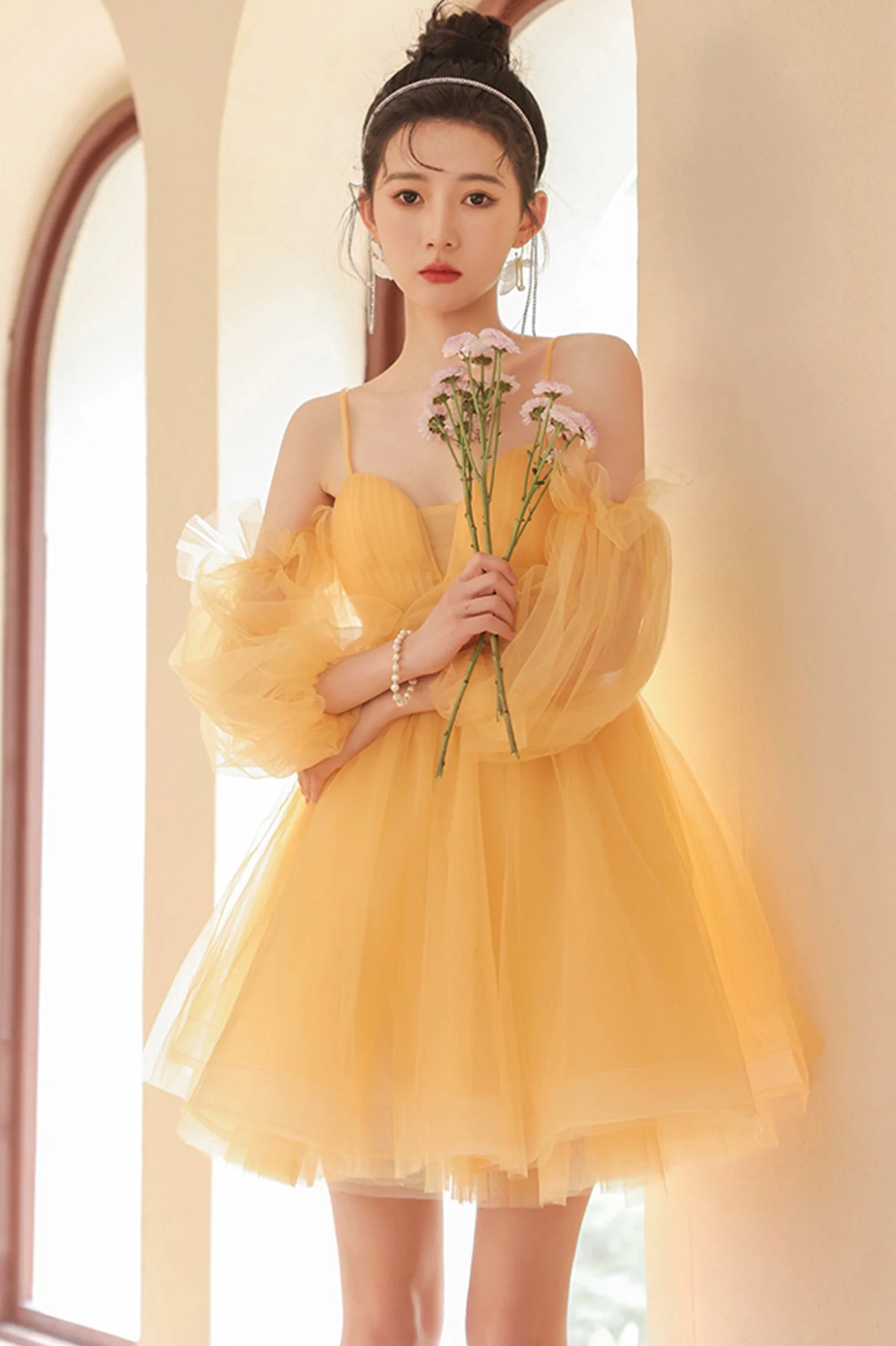 solvbao Yellow Tulle Short Prom Dress, A-Line Short Sleeve Party Dress - Deanwangkt