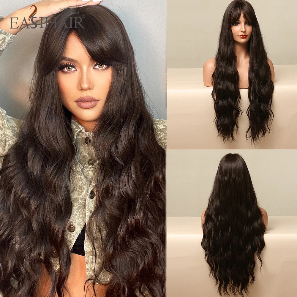 deanwangkt  Long Black Wigs Cosplay Body Wave Synthetic Wigs With Bangs For White/Black Women Brazilian American Natural Hair - Deanwangkt