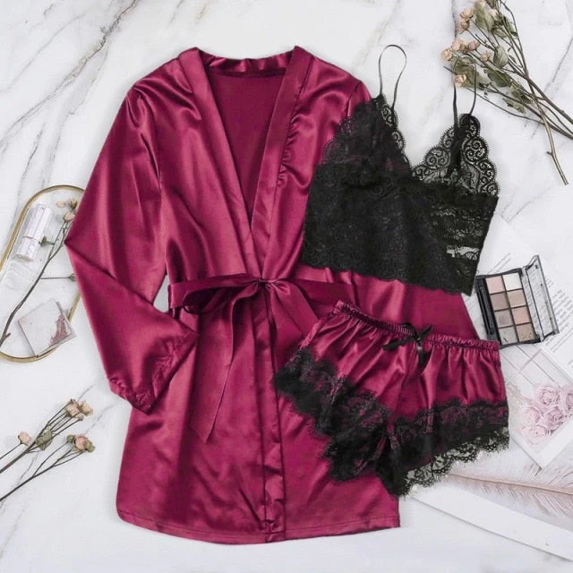 deanwangkt Long sleeve Womens Pajamas Sexy Lace Lingerie Nightwear Underwear Sleepwear 3PC Suit Pajama Sets For Women Pijama Mujer - Deanwangkt