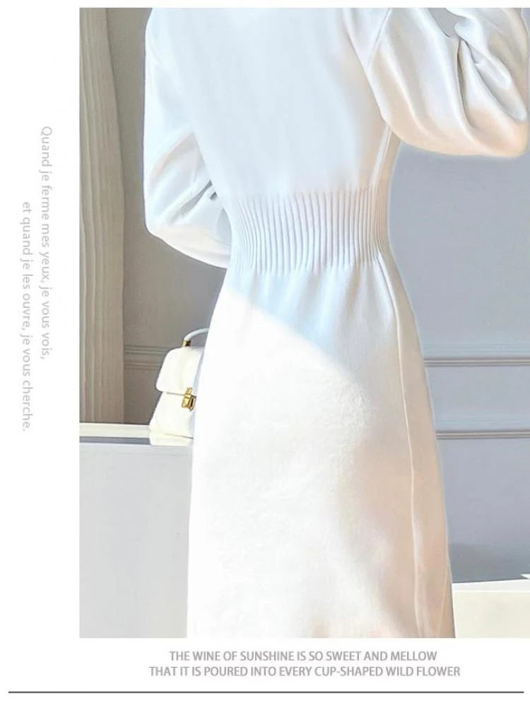 deanwangkt Korean White Fashions High Neck Knitted Warm Sweater Dress Autumn Winter Female Black Classy Retro Slim Waist Long Dress Simple - Deanwangkt