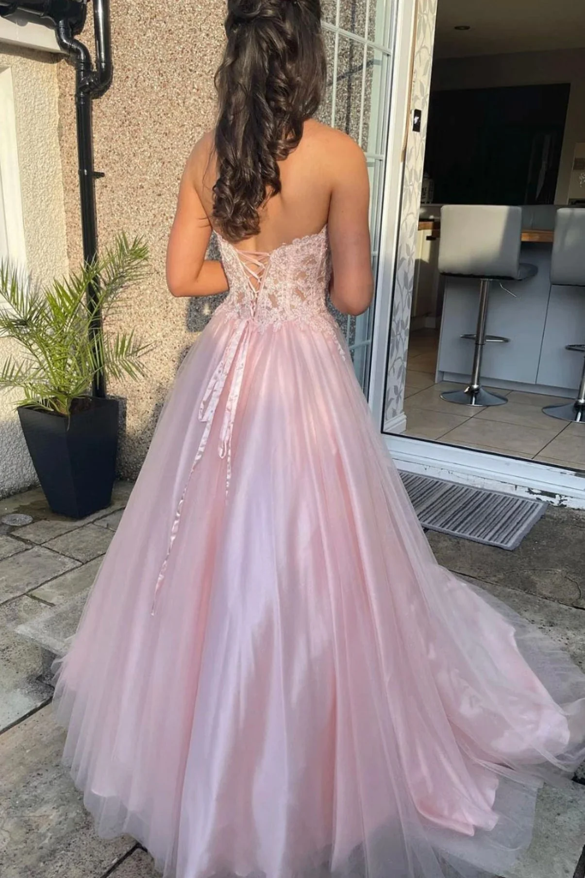 solvbao Pink Strapless Lace Long Prom Dresses, A-Line Evening Dresses - Deanwangkt