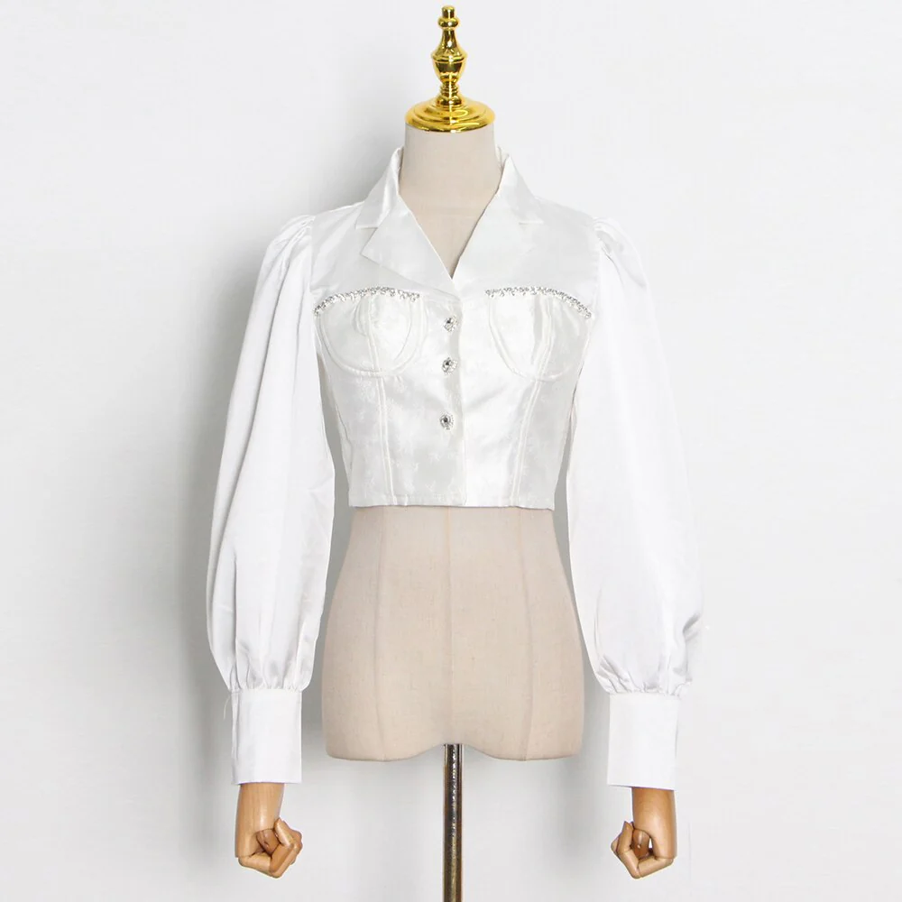 deanwangkt Casual Patchwork Diamonds Solid Loose Blouse Female Lapel Long Sleeve Fashion Shirt For Women Autumn Style  New - Deanwangkt