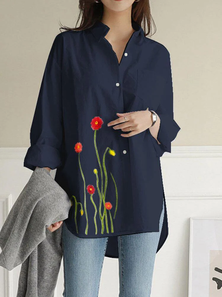 deanwangkt Women Flowers Embroidery Plain Lapel Long Sleeve Side Split Casual Blouse - Deanwangkt