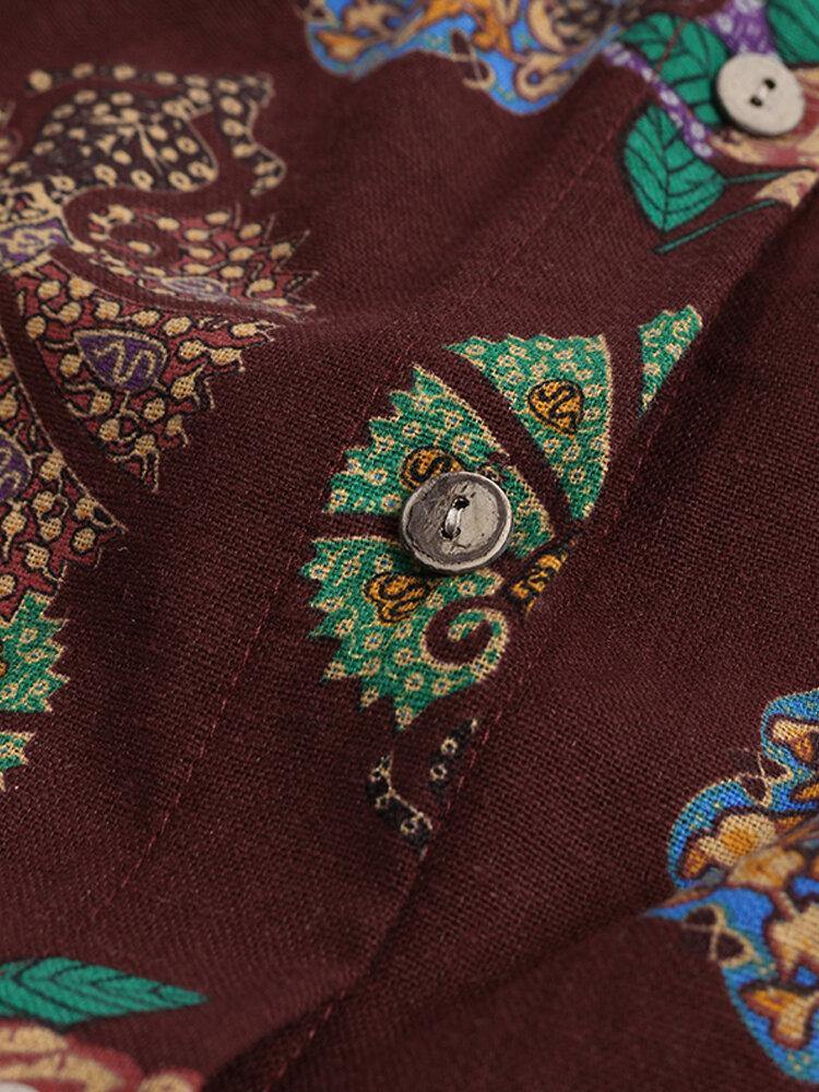 deanwangkt Women Retro Floral Print O-neck Button Robe Shirt Maxi Dress With Pocket - Deanwangkt