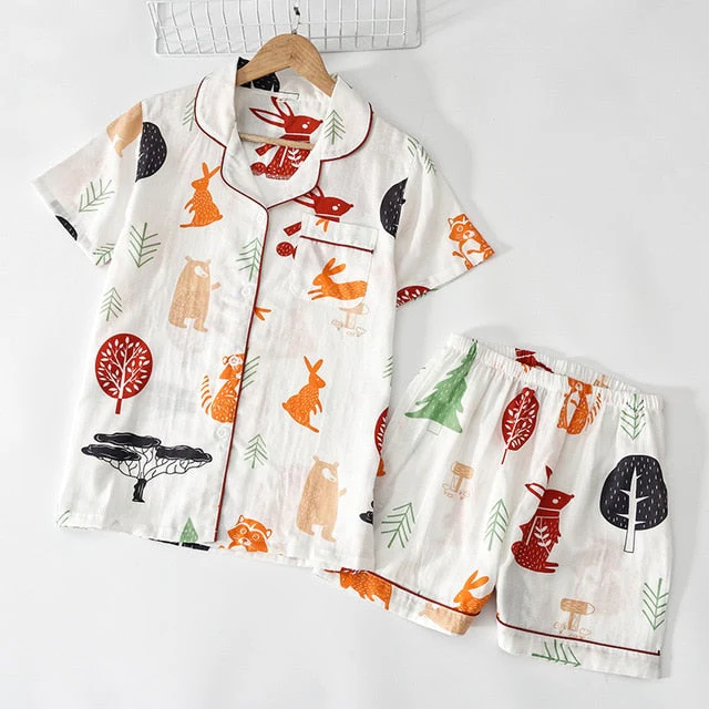 deanwangkt  Pyjamas Women 100% Cotton Short Sleeves Ladies Pajama Sets Shorts Cute Cartoon Print Japanese Simple Sleepwear Homewear Pijamas - Deanwangkt