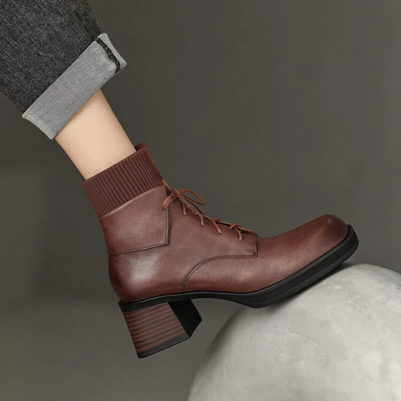 deanwangkt  Autumn Shoes   NEW Fall Shoes Women Genuine Leather Ankle Boots Round Toe Chunky Shoes for Women Winter Thick Heel Boots Lace Up Black Boots - Deanwangkt