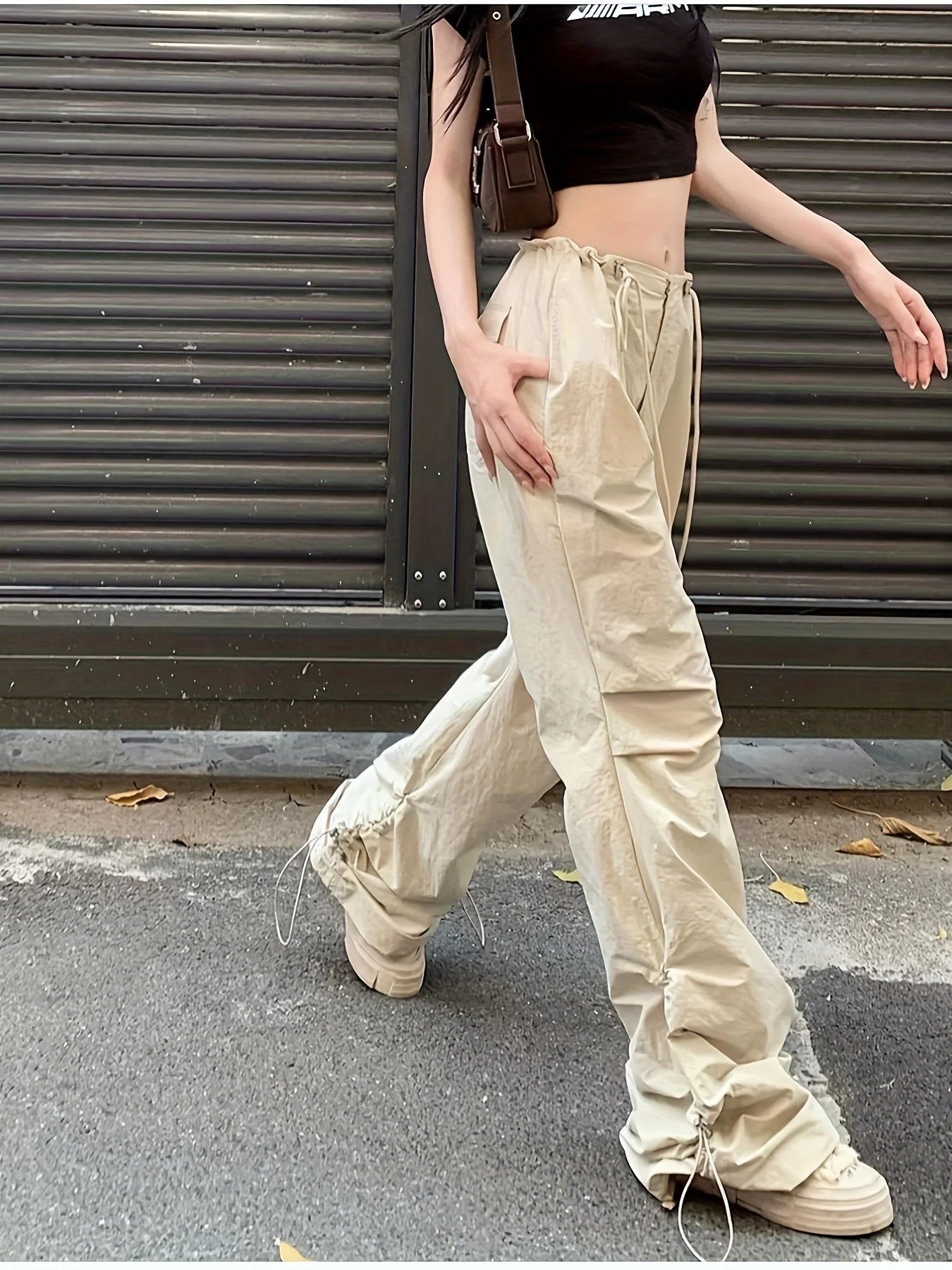 deanwangkt  Solid Drawstring Ruched Cargo Pants, Casual Baggy Streetwear Pants With Pocket, Women's Clothing - Deanwangkt