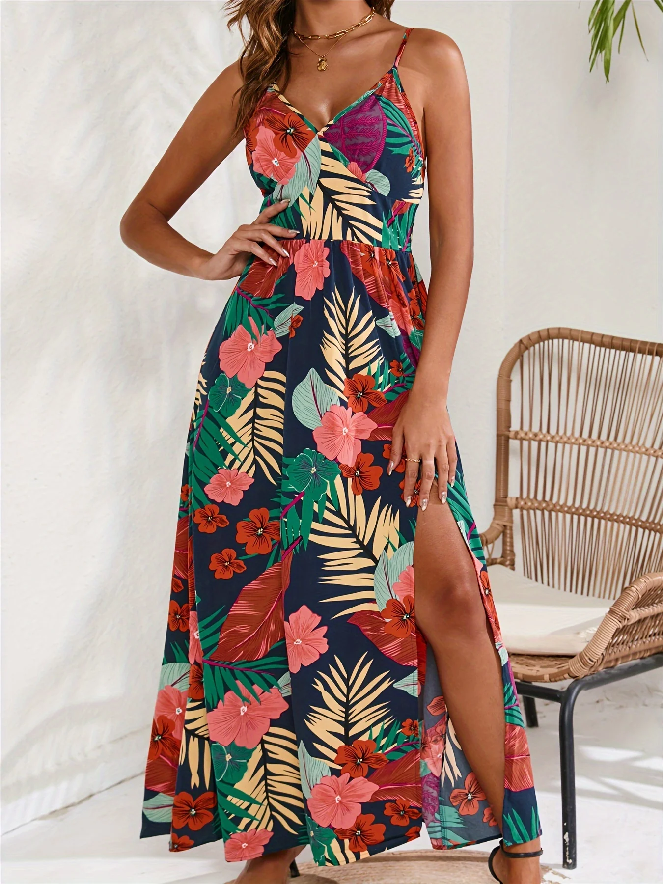 Tropical Print Cami Dress, Vacation Split Thigh Sleeveless Summer Maxi Dress, Women's Clothing - Deanwangkt