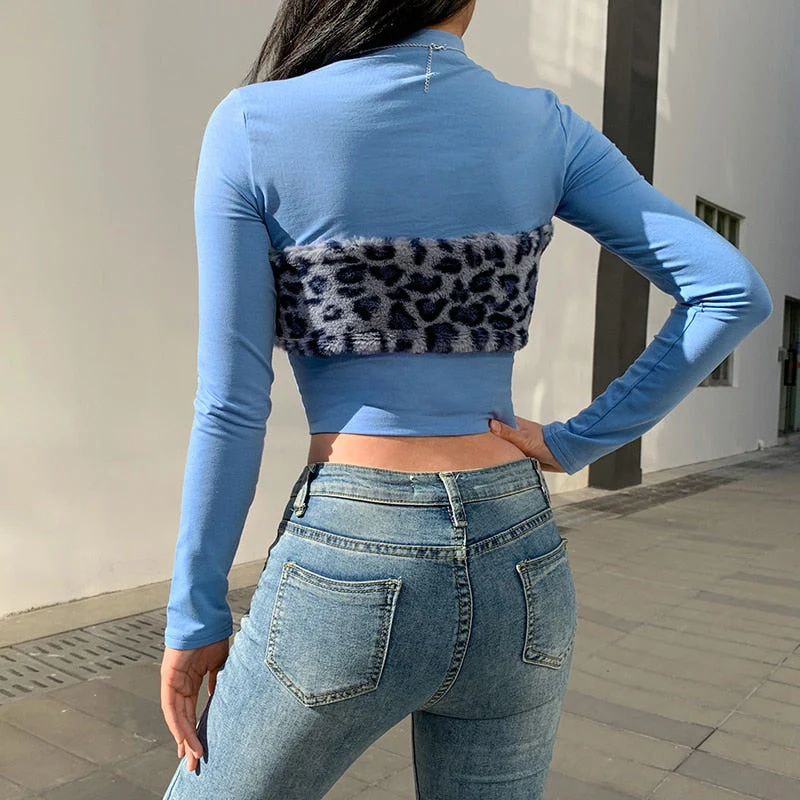 deanwangkt Patchwork Leopard Furry Long Sleeve T-shirt Autumn Casual Korean Basic Crop Top T Shirt Women 90s Blue Black Tees Y2K aesthetic - Deanwangkt
