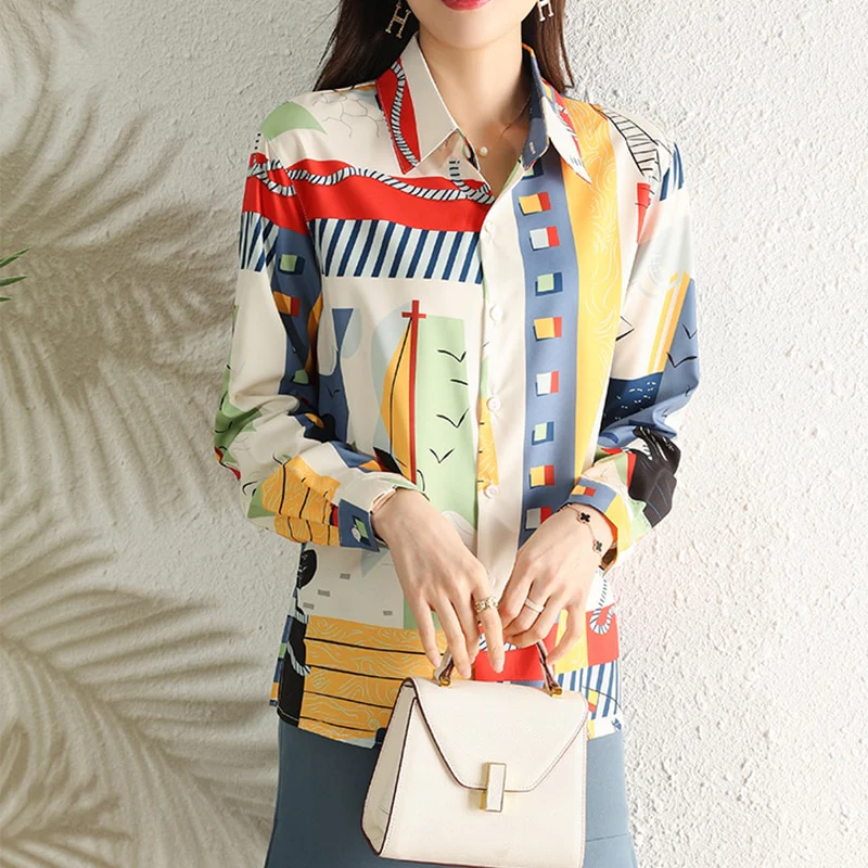 deanwangkt Fashion printing ladies shirts women blouses Spring Summer Long sleeve turn-down collar tops female Mujer blusas - Deanwangkt