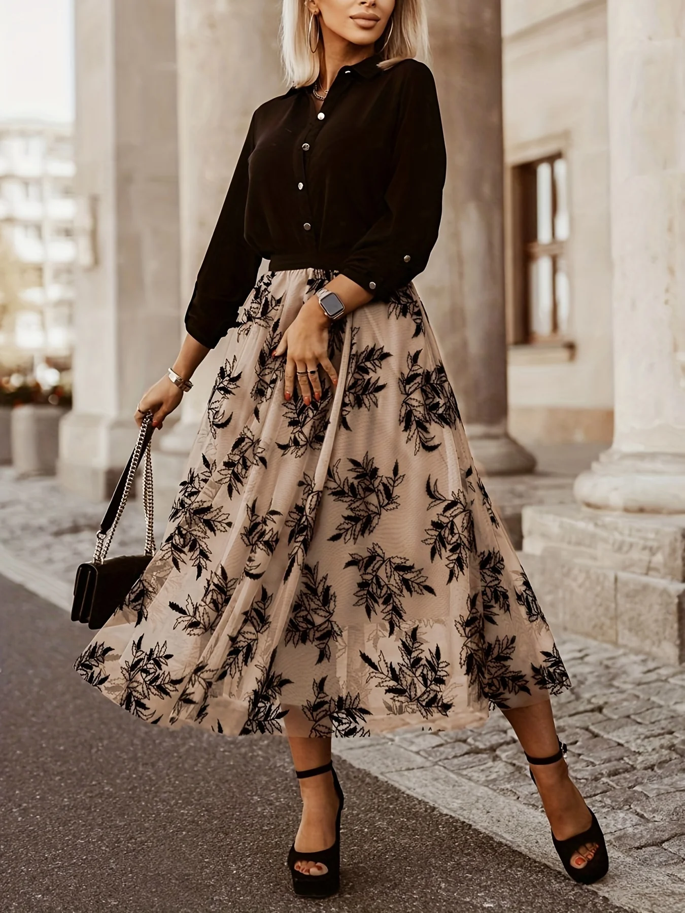 deanwangkt-1 Leaves Pattern Maxi Skirt, Random Print High Waist Elegant Casual Skirt, Women's Clothing - Deanwangkt