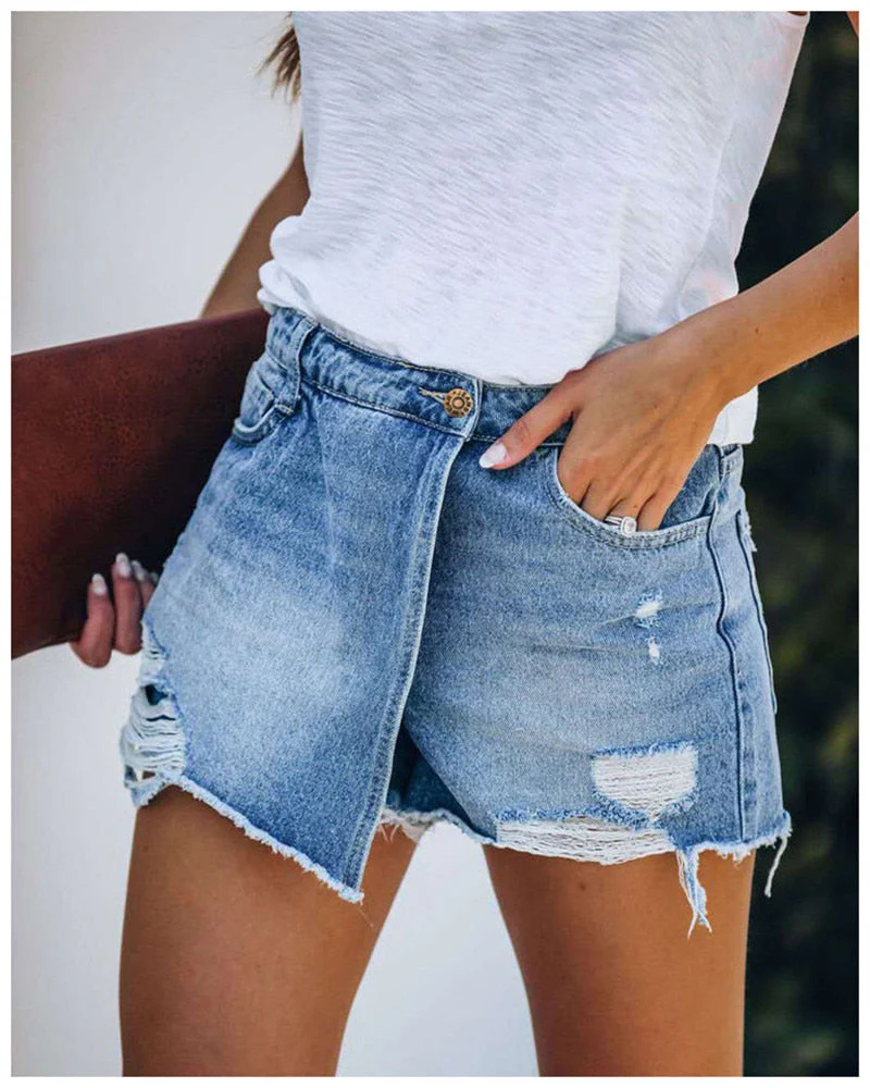 deanwangkt Summer Denim Shorts jeans Skirts Women Shorts Ripped Solid Color Cotton Blend Attractive Leisure Shorts Femme Pantalones Mujer - Deanwangkt