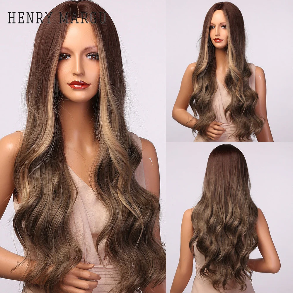 Long Ombre Brown Light Ash Platinum Blonde Wavy Wigs Cosplay Party Synthetic Wig for Women High Temperature Fibre - Deanwangkt