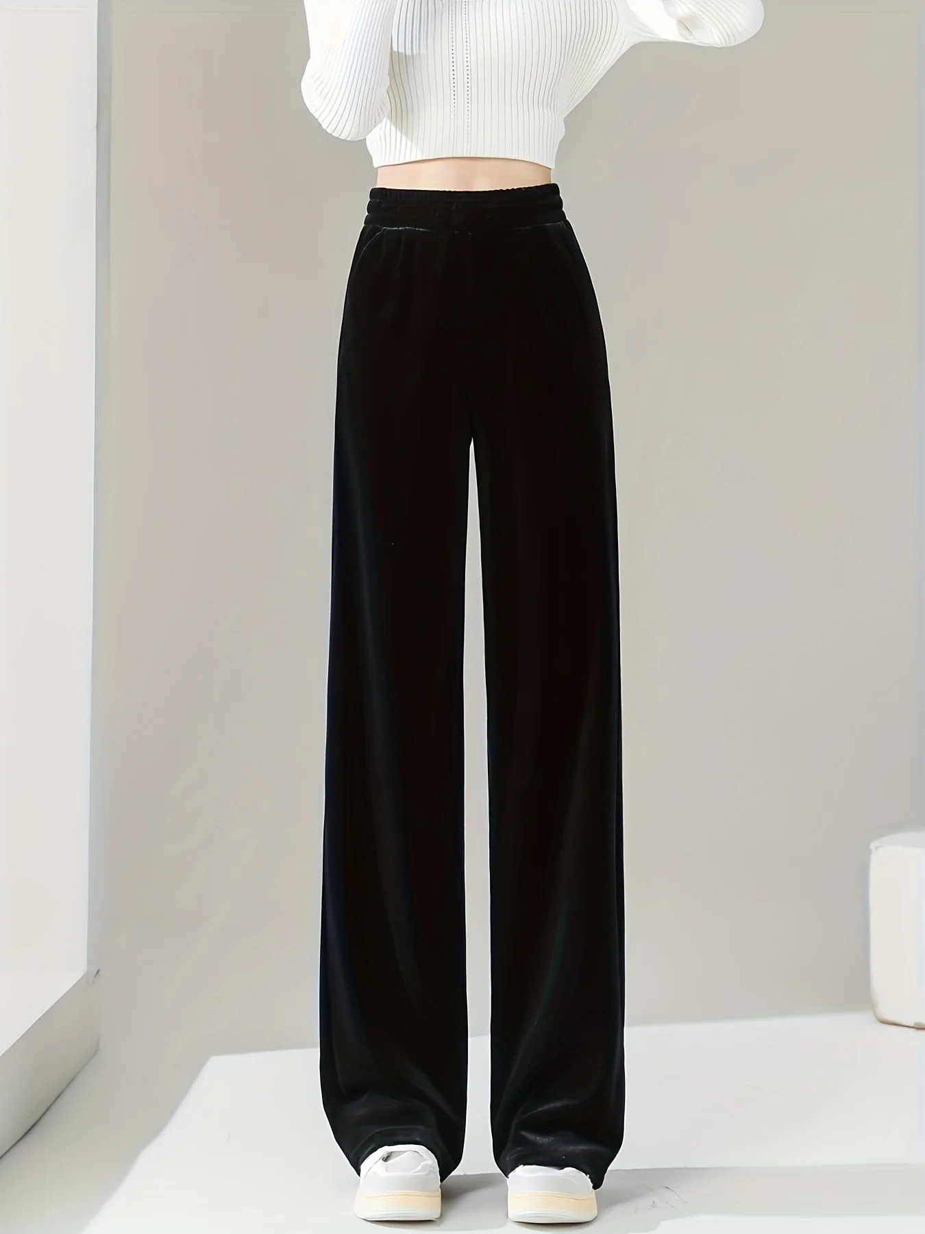 Solid Velvet Straight Leg Pants, Casual Elastic Waist Loose Pants, Women's Clothing - Deanwangkt