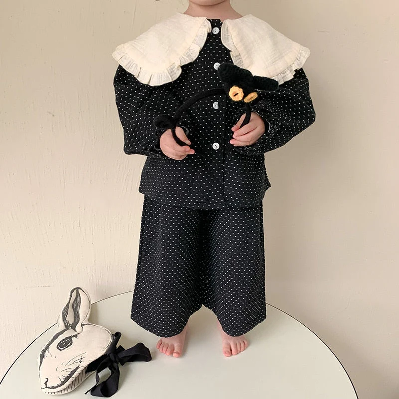 deanwangkt  Spring cute baby girl polka dot black outfits Girls fashion big turn-down collar shirt and wide leg pants 2pcs sets Kids clothes - Deanwangkt