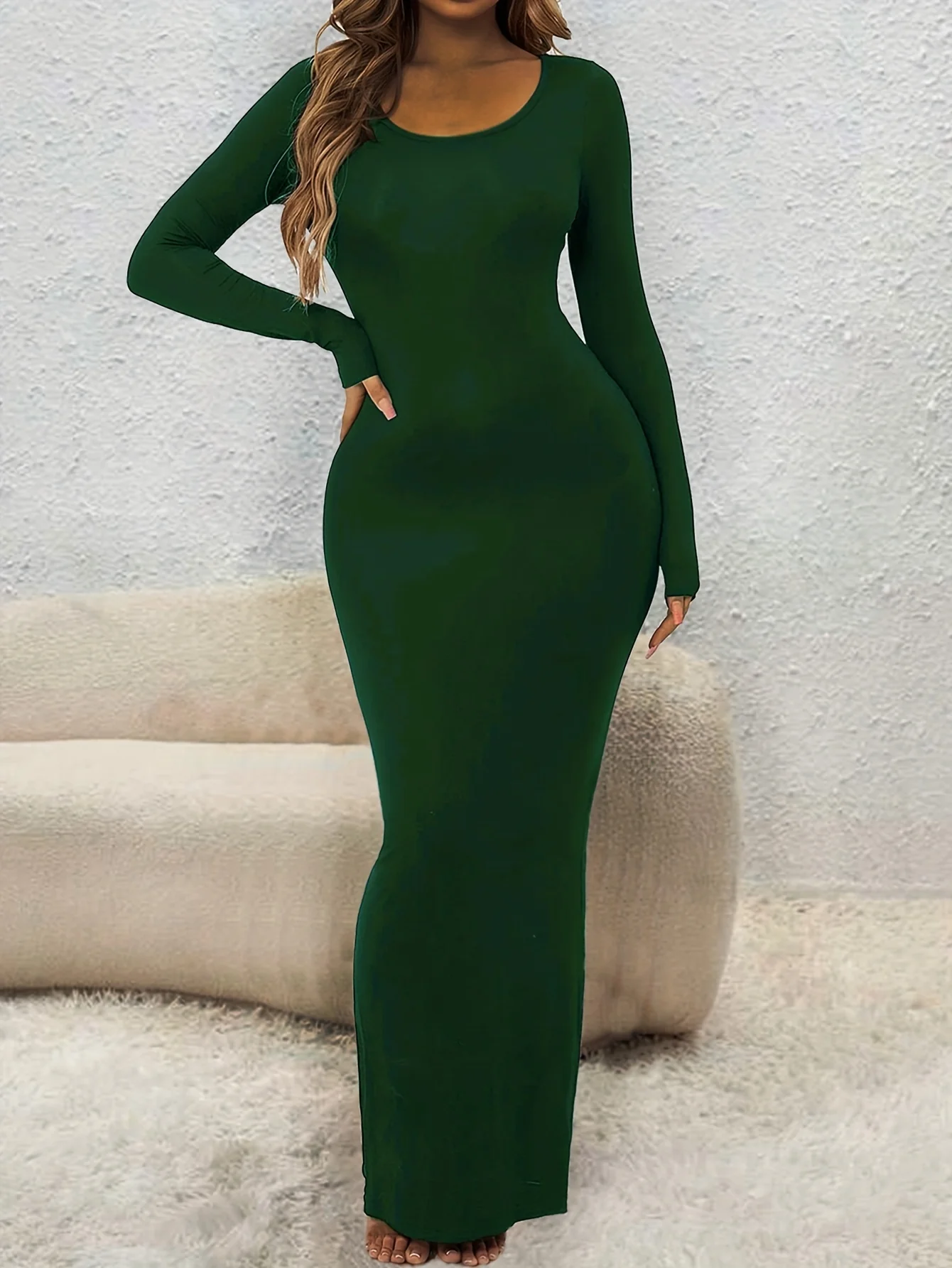 Simple Solid Lounge Dresses, Long Sleeve Crew Neck Slim Fit Home Dress, Women's Loungewear & Dresses - Deanwangkt