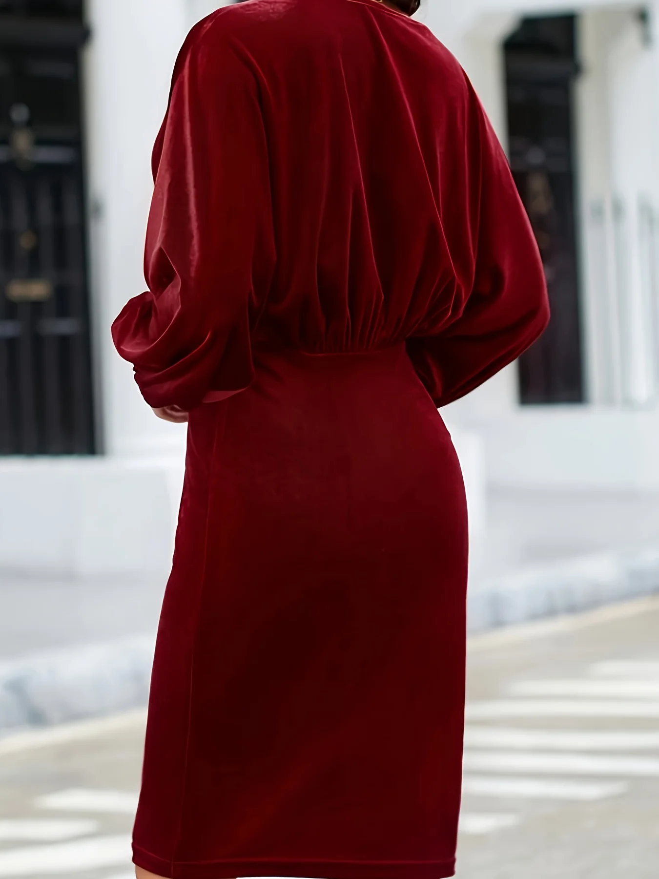 deanwangkt-1 Solid Bodycon Knee Length Dress, Elegant Long Sleeve Crew Neck Dress, Women's Clothing - Deanwangkt