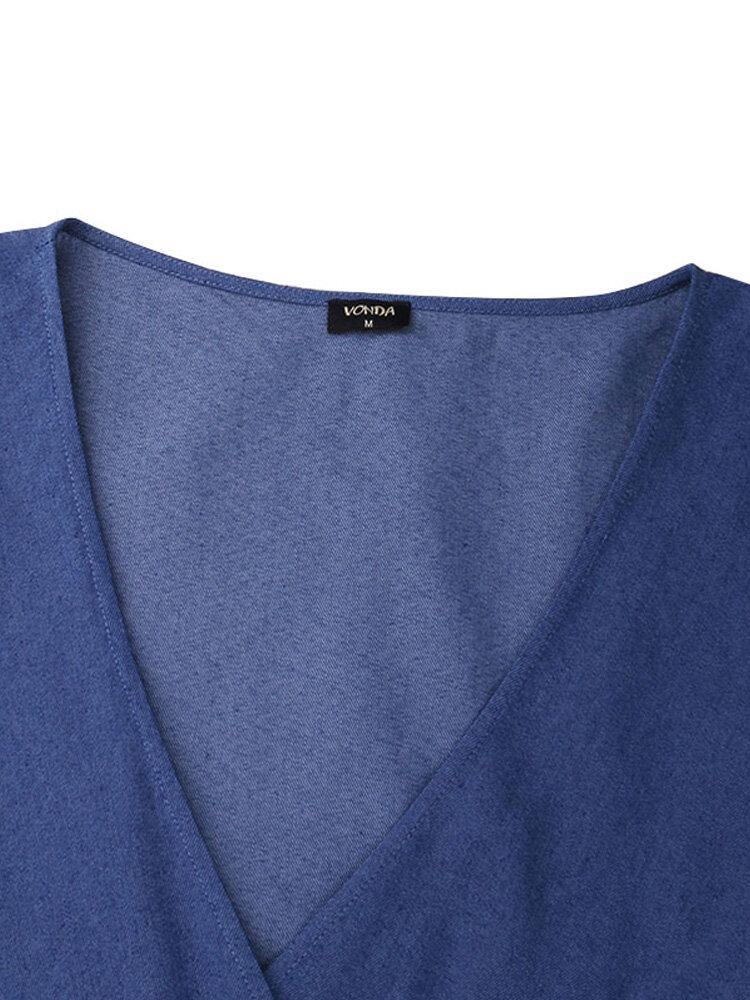 deanwangkt Women Denim Irregular Ruffle Hem Puff Sleeve Belted V-Neck Midi Dress - Trendy and Chic - Deanwangkt