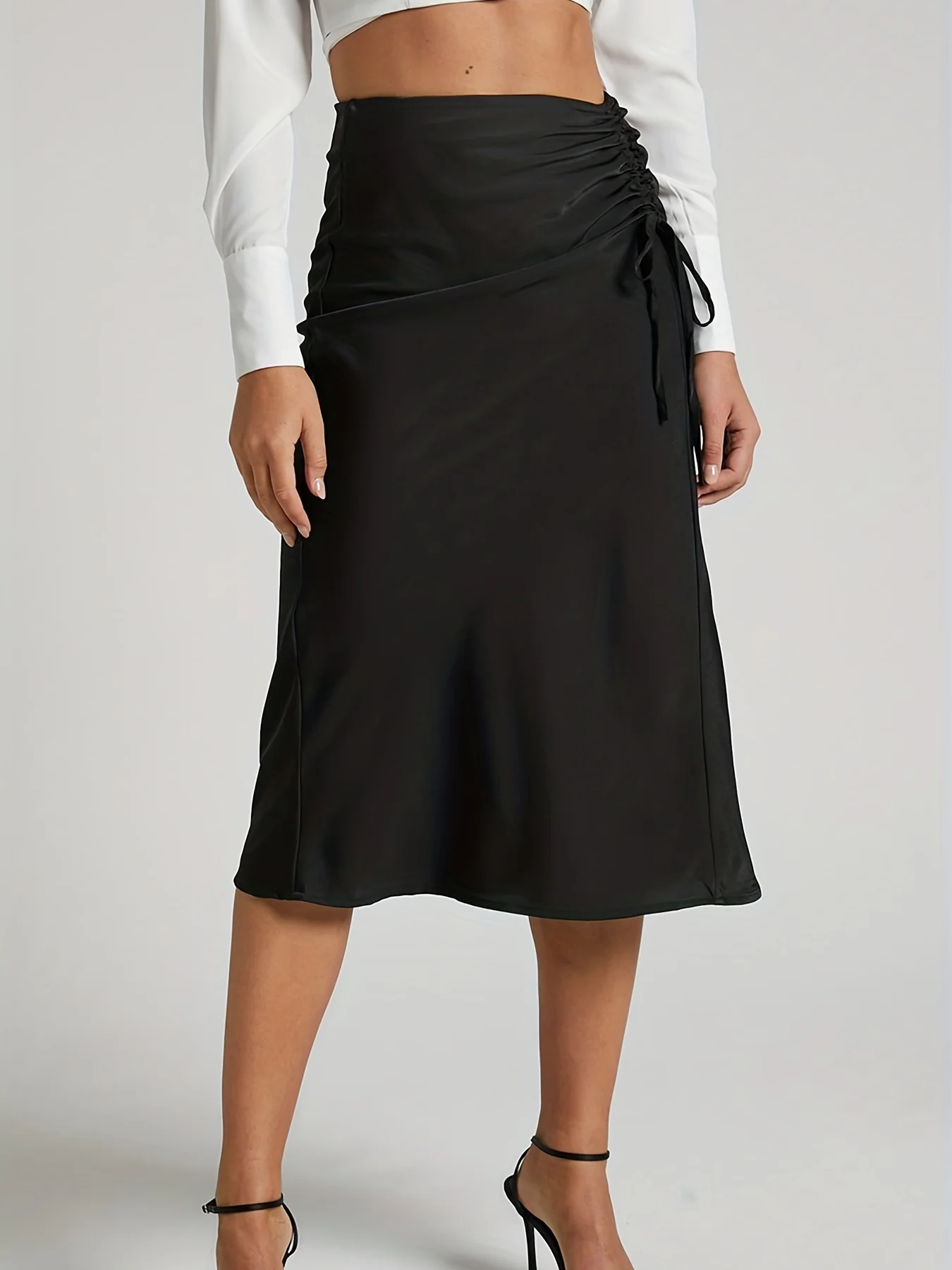 Solid Drawstring Ruched Skirt, Casual High Waist Skirt For Spring & Summer, Women's Clothing - Deanwangkt