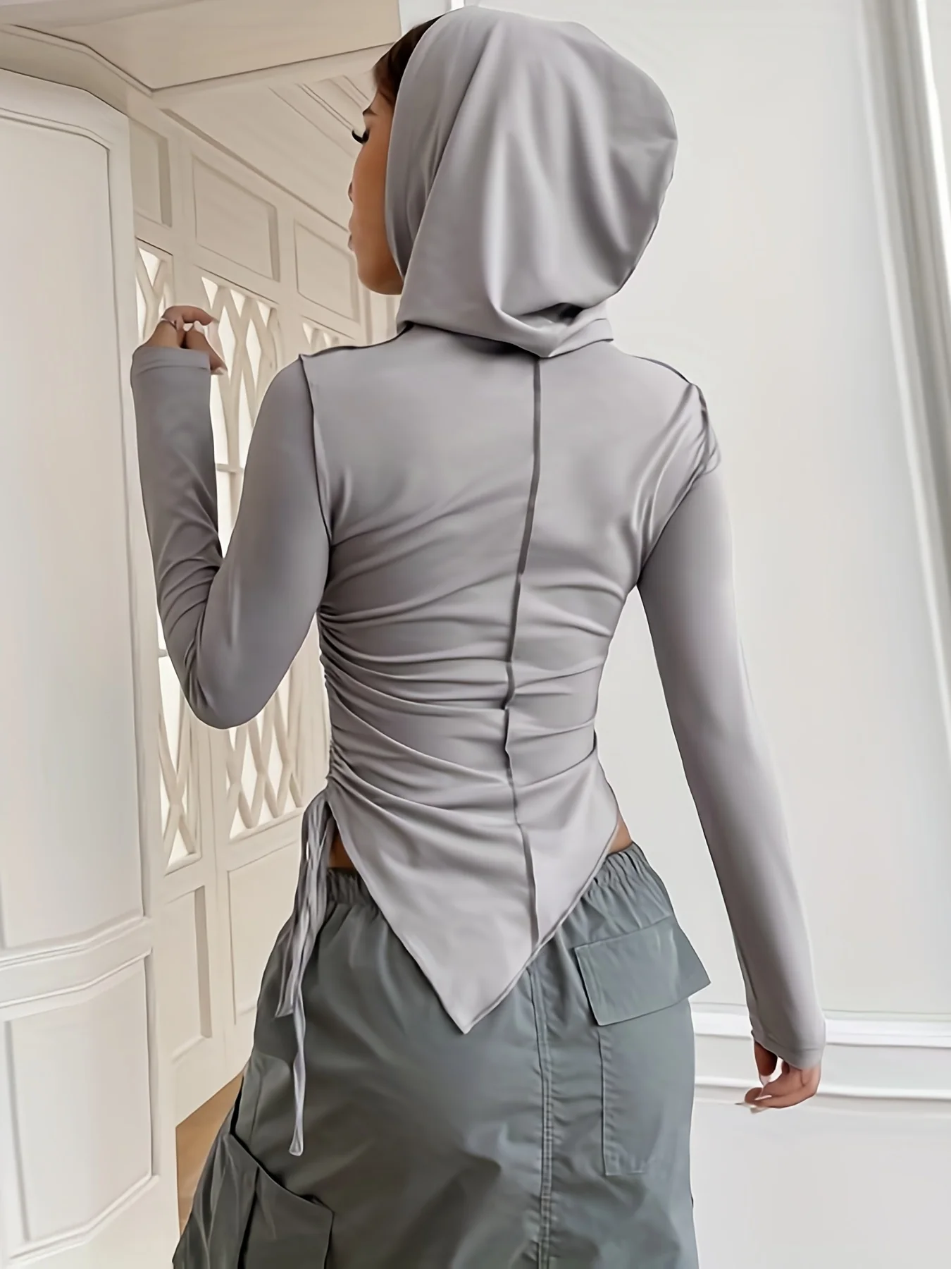 deanwangkt  Solid Irregular Hem Drawstring Hoodie, Casual Long Sleeve Hooded Sweatshirt, Women's Clothing - Deanwangkt