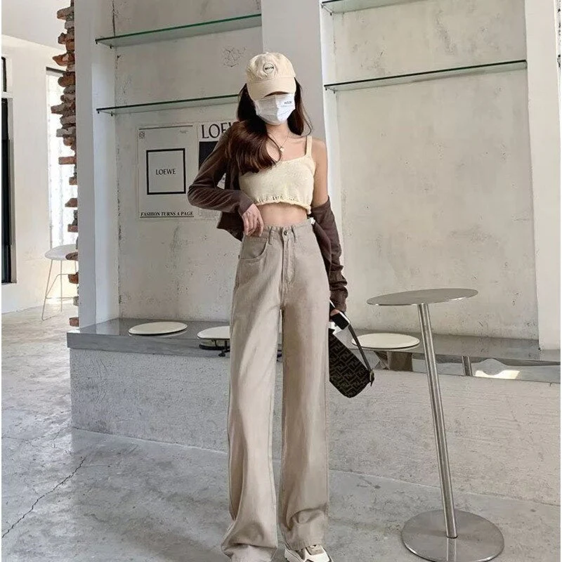 deanwangkt European And American Gentle Style Dirty Pink Ruffled Jeans, Women's Loose And Trendy Straight Tube Versatile Wide Leg Pants - Deanwangkt