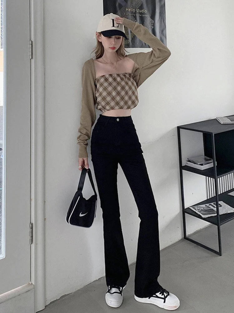 deanwangkt High-waisted Stretch Tail Flared Jeans Women's Autumn And Winter Slim Straight Tube Lengthened Drape Floor Mopping Pants - Deanwangkt