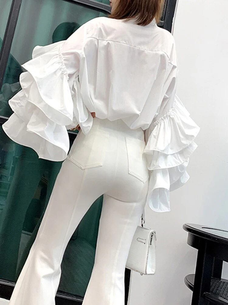 deanwangkt Loose Solid Shirt For Women Stand Collar Lantern Sleeve Patchwork Ruffle Single Breasted Chic Blouse Female  Spring - Deanwangkt