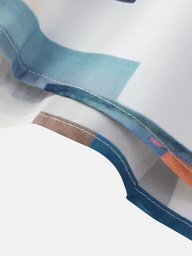 deanwangkt Women Block Landscape Print Long Sleeve Lapel Casual Blouse - Deanwangkt