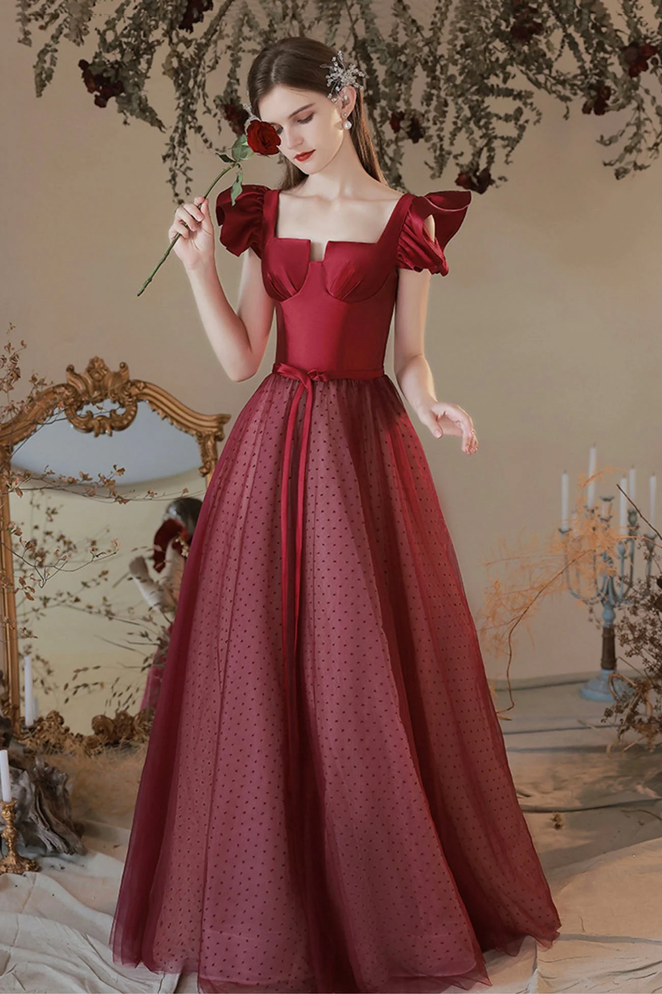 solvbao Burgundy Satin Tulle Long Prom Dress, A-Line Evening Dress - Deanwangkt