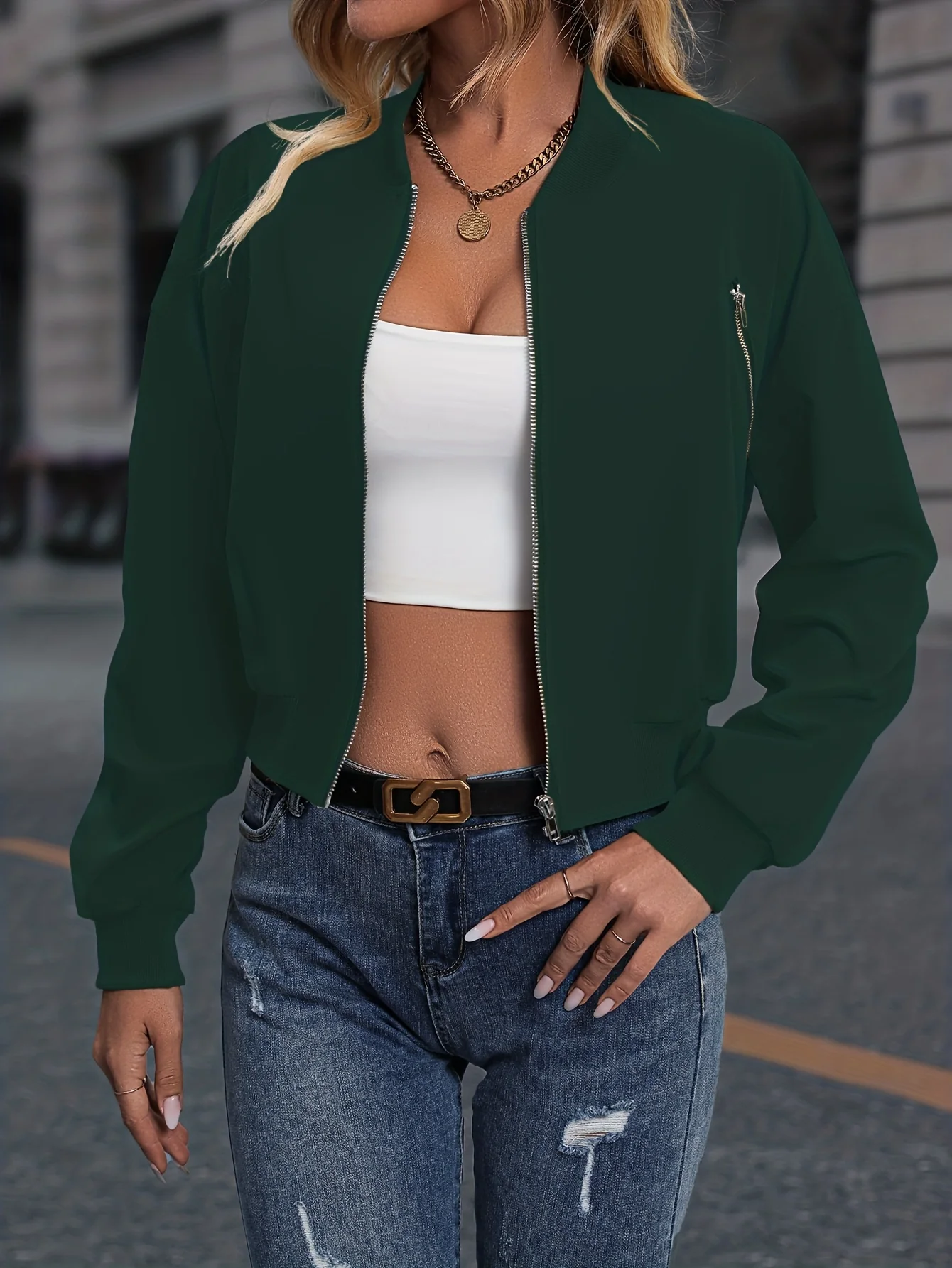 Solid Zip Up Bomber Jacket, Casual Slant Pockets Jacket For Spring & Fall, Women's Clothing - Deanwangkt