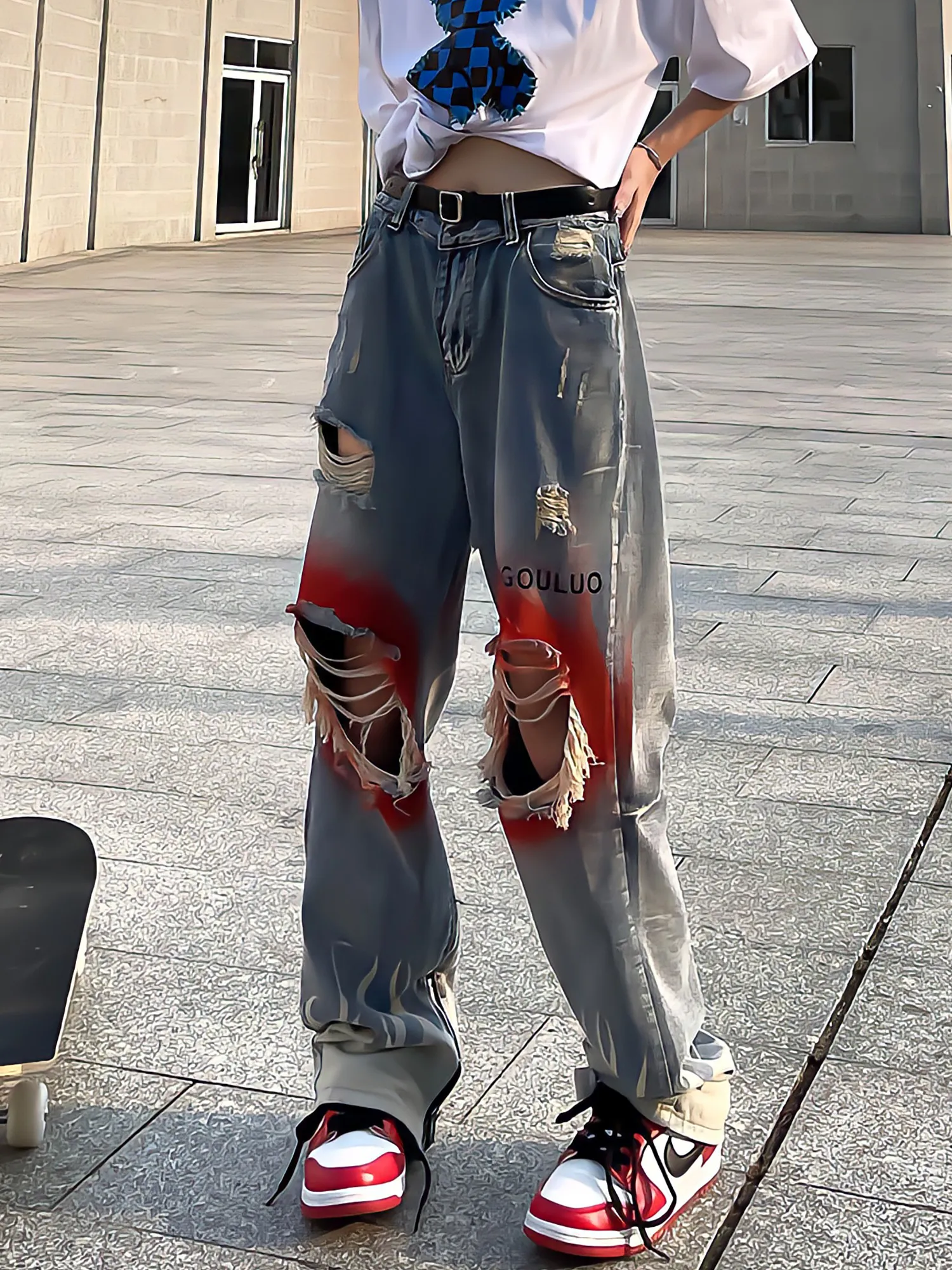 deanwangkt Retro Streetwearflame Print Jeans Y2k Blue Fashion Ripped Wide Leg Pants Hip Hop Gothic Harajuku High Waist Women Trousers - Deanwangkt