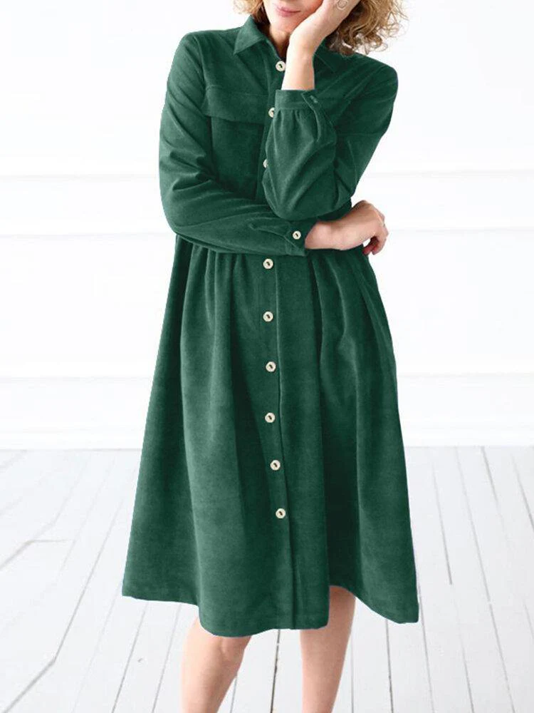 deanwangkt Women Corduroy Solid Color Button Up Lapel Long Sleeve Shirt Dress With Flap Pocket - Deanwangkt