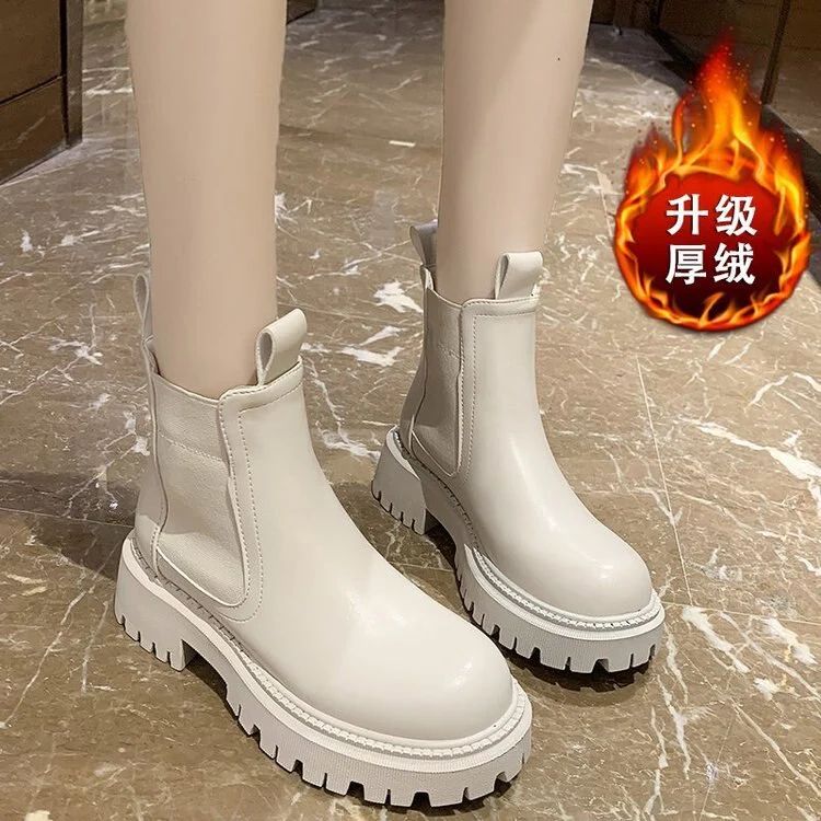 DEANWANGKT Christmas Gift  New Chunky Boots Fashion Platform Women Ankle Female Sole Pouch Ankle Botas Mujer Round Toe Slip-On Botas Altas Mujer - Deanwangkt