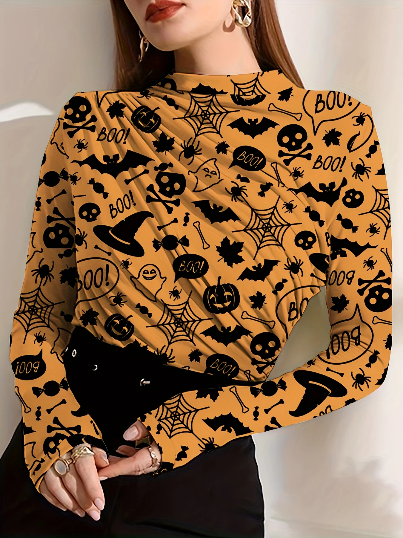 deanwangkt-1 Halloween Graphic Print Mock Neck T-Shirt, Casual Ruched Long Sleeve Top For Spring & Fall, Women's Clothing - Deanwangkt