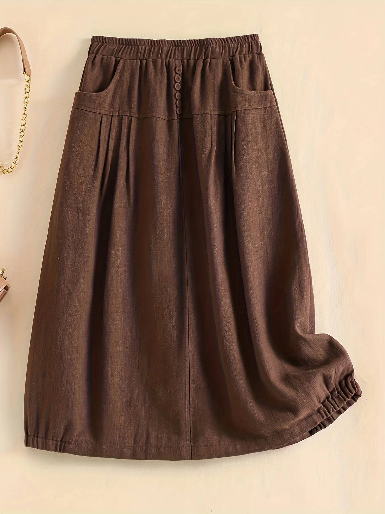Solid Elastic Waist Button Cotton Skirt, Vintage Pocket Midi Skirt For Spring & Fall, Women's Clothing - Deanwangkt