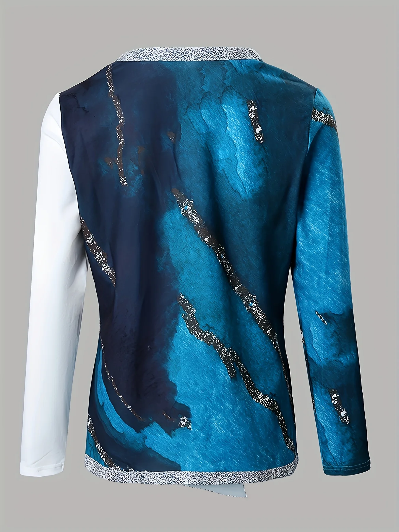 Marble Print Asymmetric Hem Blouse, Casual Notch Neck Long Sleeve Blouse For Spring & Fall, Women's Clothing - Deanwangkt