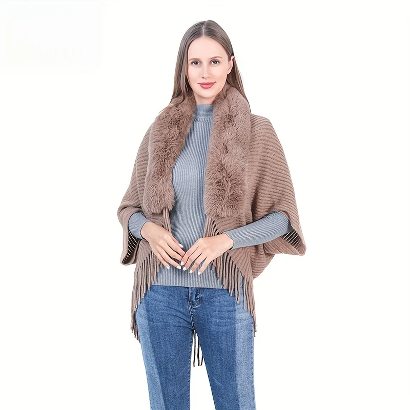 Large Fur Collar Cape Shawl Monochrome Striped Knitted Tassel Cardigan Outside Wear Warm Thick Shawl - Deanwangkt