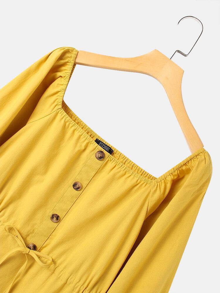 deanwangkt Women Cotton Square Collar Drawstring Waist Elegant Midi Dress with Side Pockets - Deanwangkt