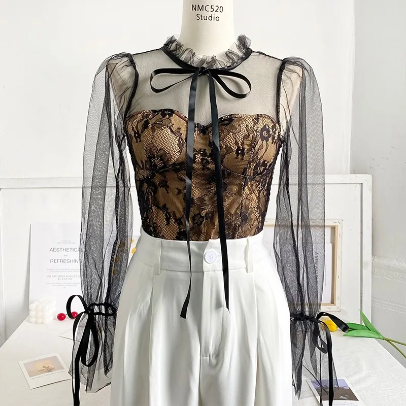 deanwangkt Spring Summer Chic Mesh Patchwork Blouse For Women Streetwear Long Sleeve O Neck Lace Crop Shirt Top Lady Slim Blouse - Deanwangkt