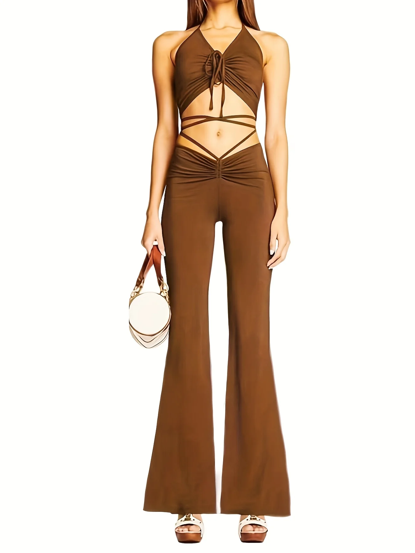 deanwangkt Solid Two-piece Set, Drawstring Ruched Halter Neck Crop Top & Slim Pants Outfits, Women's Clothing - Deanwangkt