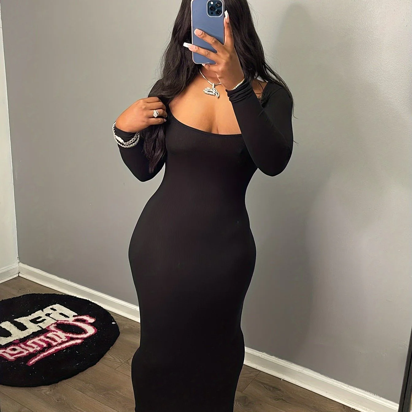 deanwangkt-1  Solid Bodycon Long Sleeve Dress, Casual Square Neck Maxi Length Dress For Spring & Fall, Women's Clothing - Deanwangkt