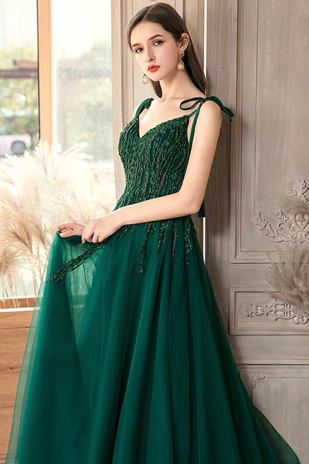 solvbao Green V-Neck Lace Long Prom Dresses, A-Line Evening Dresses - Deanwangkt