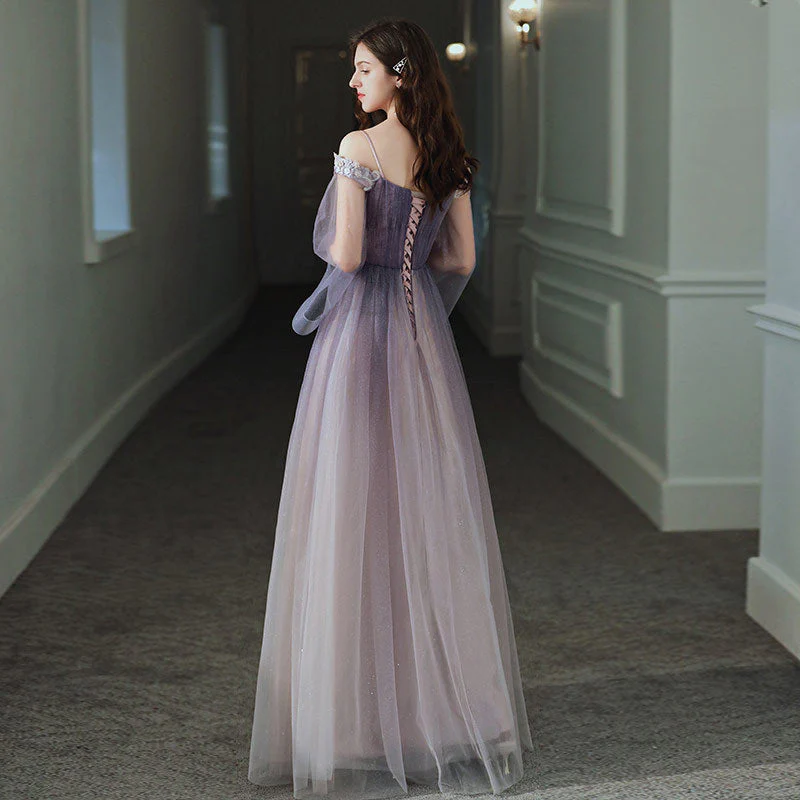 Solvbao Purple Gradient Tulle Long Sleeves Straps Prom Dress Party Dress, A-line Tulle Formal Dresses - Deanwangkt