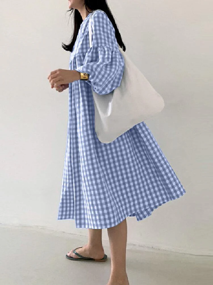 deanwangkt Women's Casual Plaid Midi Dress with Bohemian Puff Sleeves - Deanwangkt