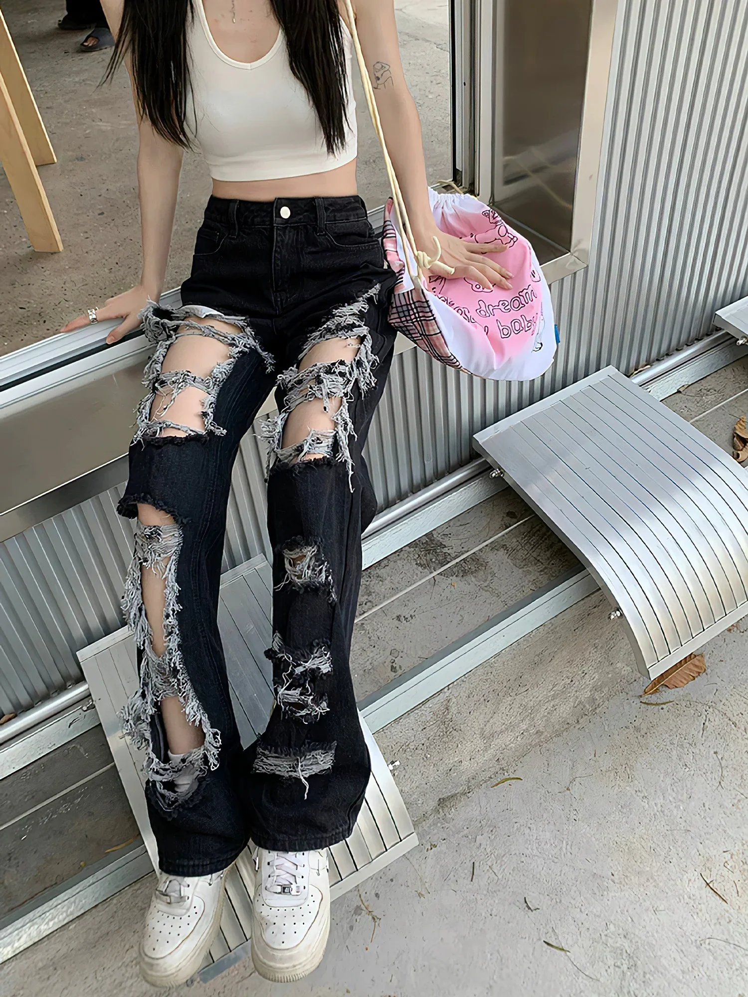 deanwangkt New All-Match Y2k Distressed Women Broken Hole Jeans High Street Hip Hop High Waist Straight Loose Trousers Washed Mopping Pants - Deanwangkt