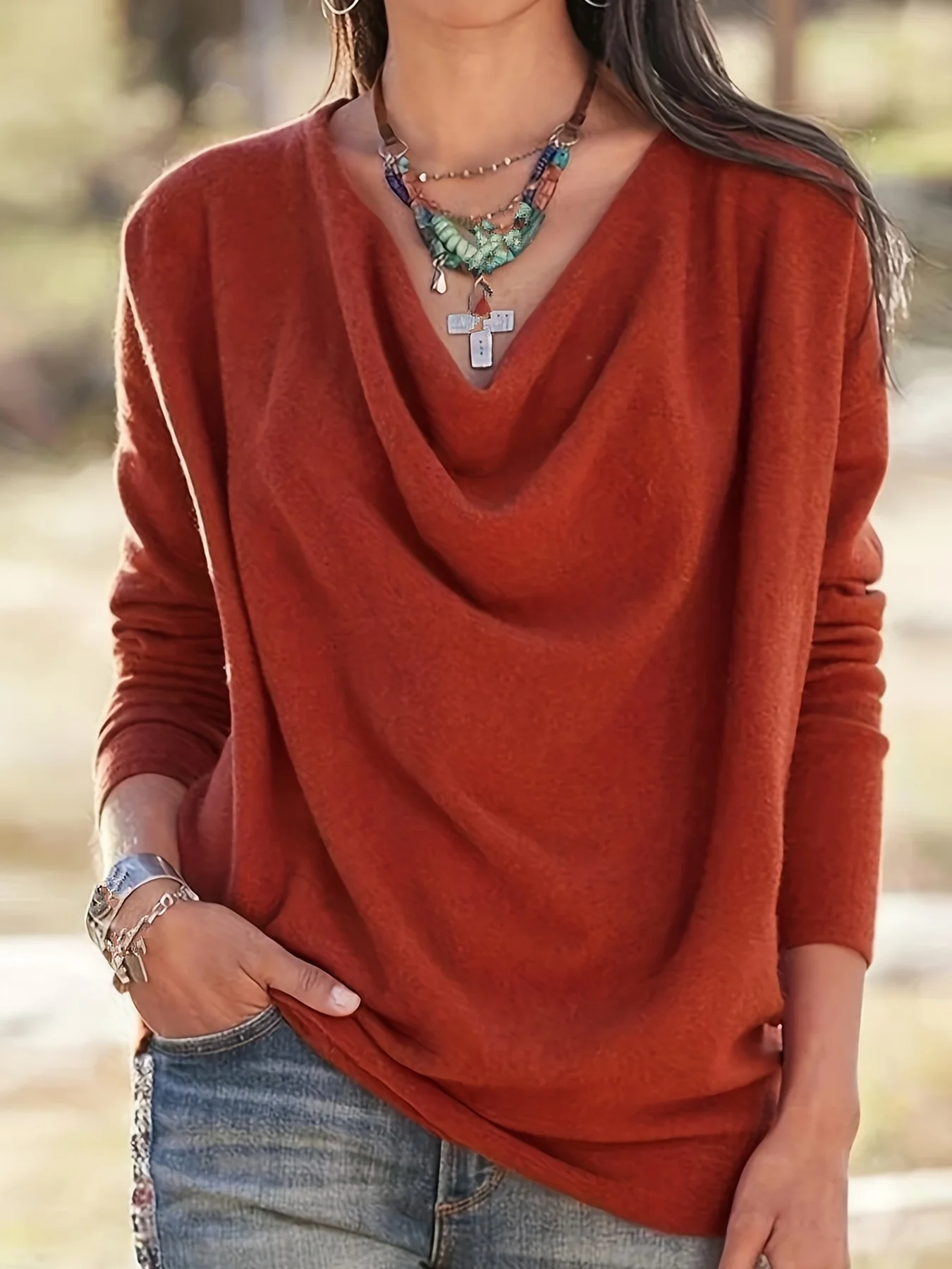 deanwangkt-1 Solid Draped T-shirt, Casual Long Sleeve Simple T-shirt, Women's Clothing - Deanwangkt