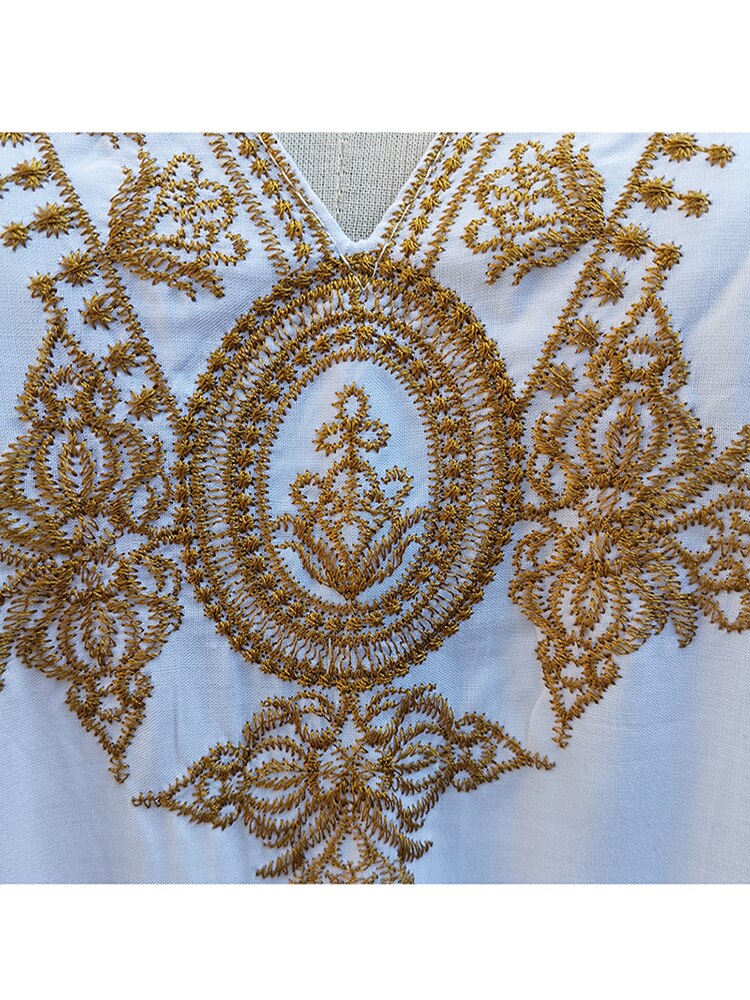 deanwangkt White Maxi Dress Swimsuit Cover Up V Neck Gold Embroidery Long Dress Robe Plage Kaftan Sarong Beachwear Pareo Cover-up - Deanwangkt