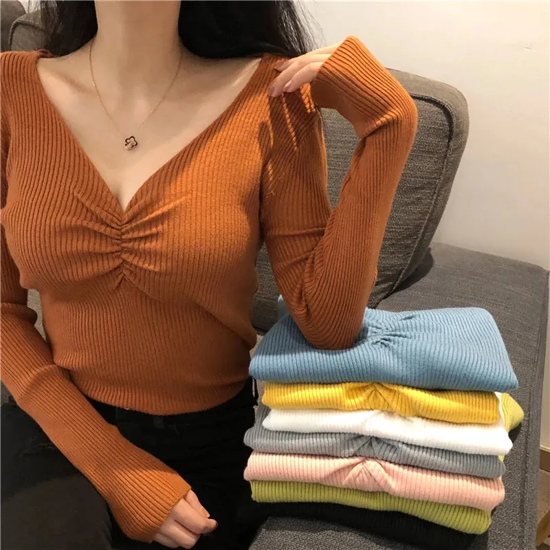 deanwangkt  Sexy V Neck Women Sweater Autumn Knitted Pullover Jumper Chic Soft Korean Slim Long Sleeve Female Basic Top New - Deanwangkt