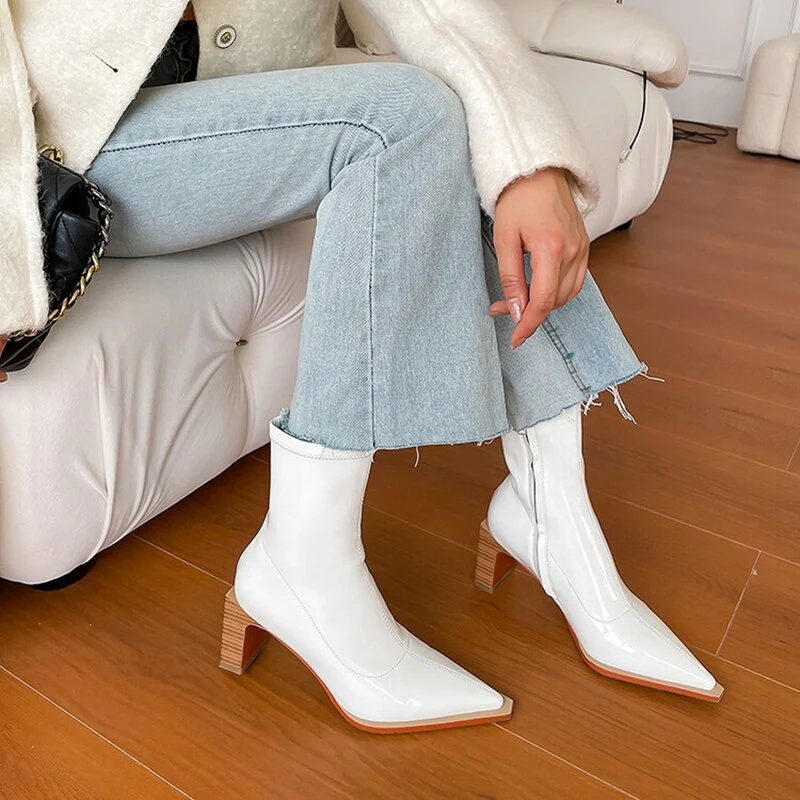 deanwangkt  Autumn Shoes   NEW Autumn Women Boots Pointed Toe High Heel Shoes Women Concise Patent Leather Boots Zipper Stretch Boots for Women Fall Shoes - Deanwangkt