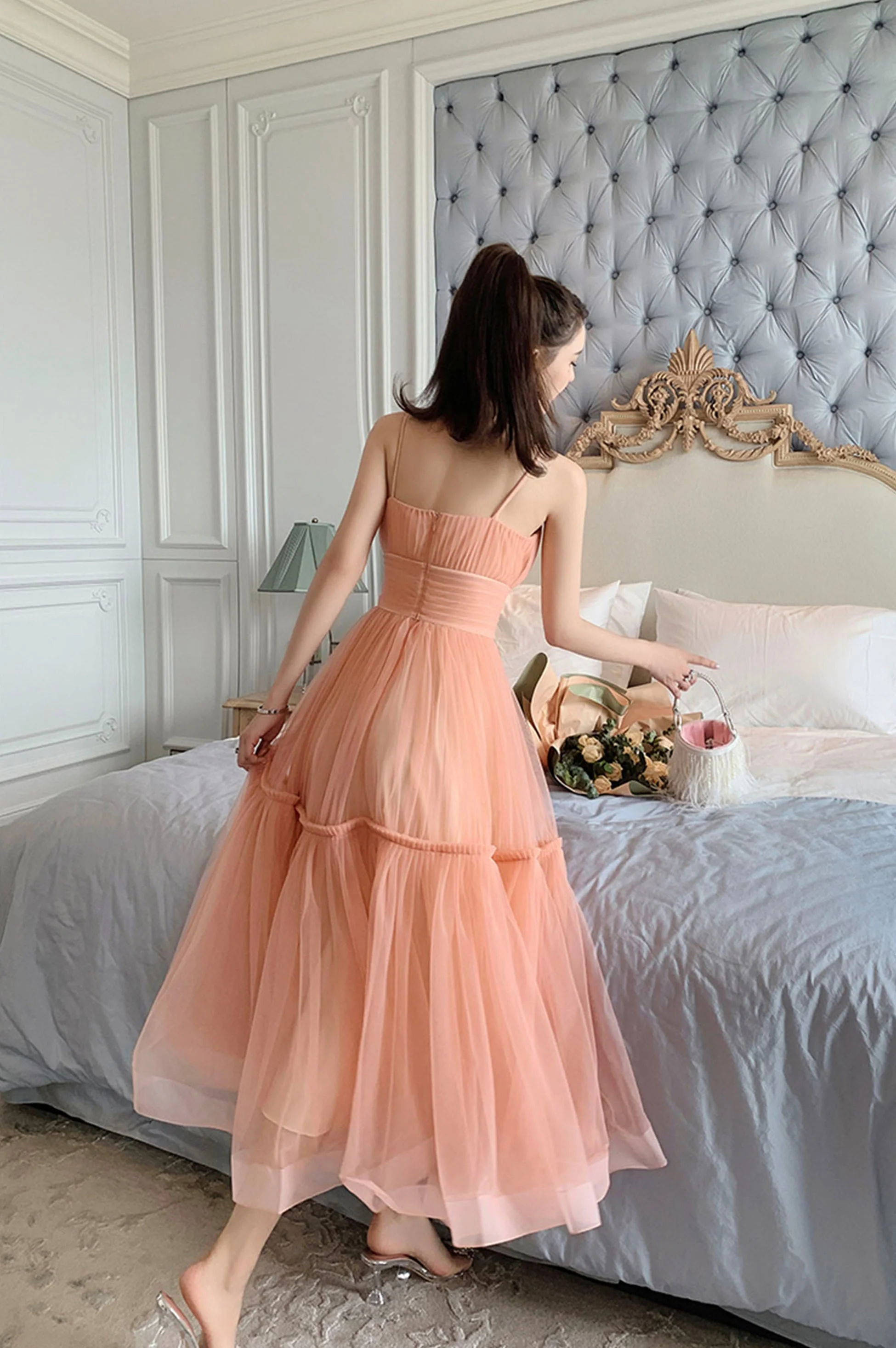 solvbao Cute Tulle Short A-Line Prom Dress, Spaghetti Strap Tulle Homecoming Dress - Deanwangkt
